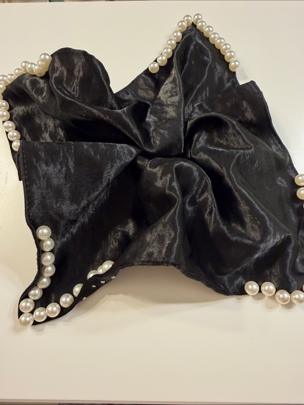 Elegant Black Pearl-Trim Satin Scarf